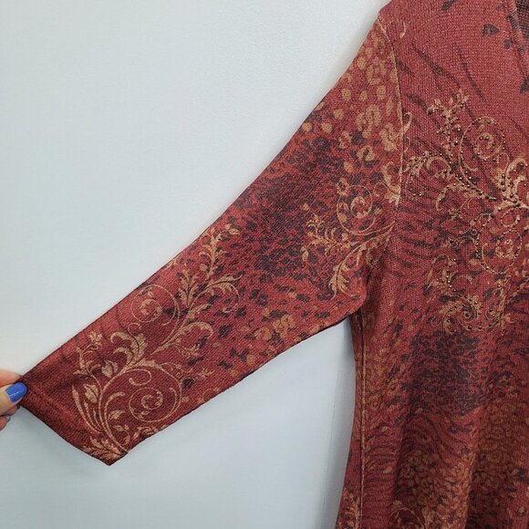 Indigo Soul Womens Paisley Tunic Top Size L Gold Rust V-Neck Asymmetric Hem - Picture 8 of 16